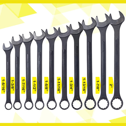 10-piece Jumbo Wrench Set, 1-5/16'' to 2'' Large Combination Wrench Set, SAE, Black Oxide Finish with Pouch