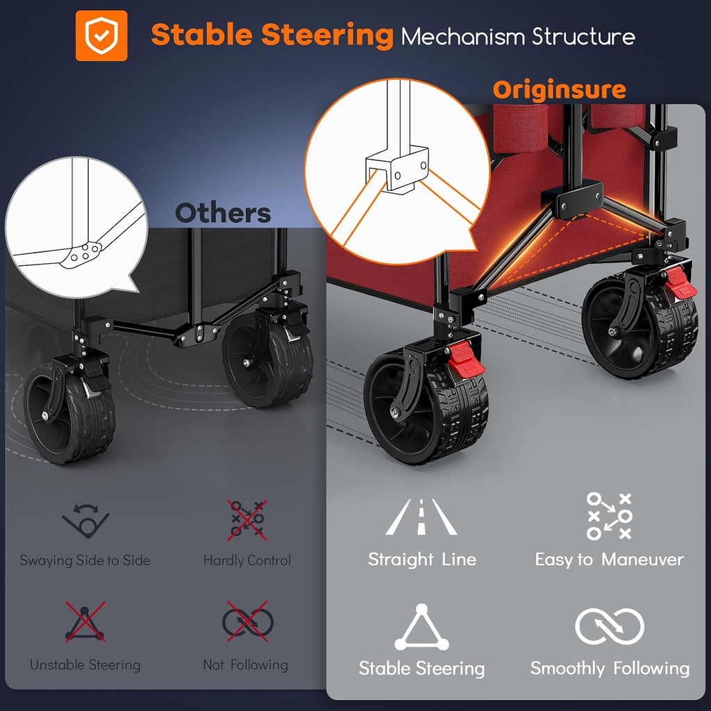 Originsure 48' L Collapsible Wagon Cart Foldable, 560lbs Weight Capacity 300L Heavy Duty Folding Beach Wagons with Big All-Terrain Wheels, Utility Carts for Groceries, Camping, Sports - Grey&Red