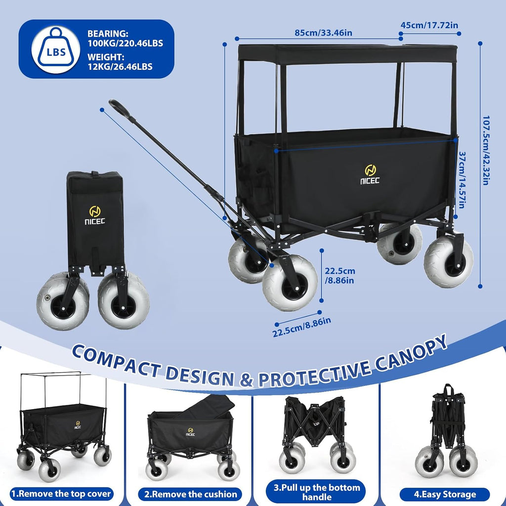 Nice C Beach Wagon with Canopy, Beach Cart with Ballon Wheels for Sand + Nice C Chair with Canopy, Chair with Shades, Sports Chairs, w/Removable Footrest, Cooler Bag, Cup Holder