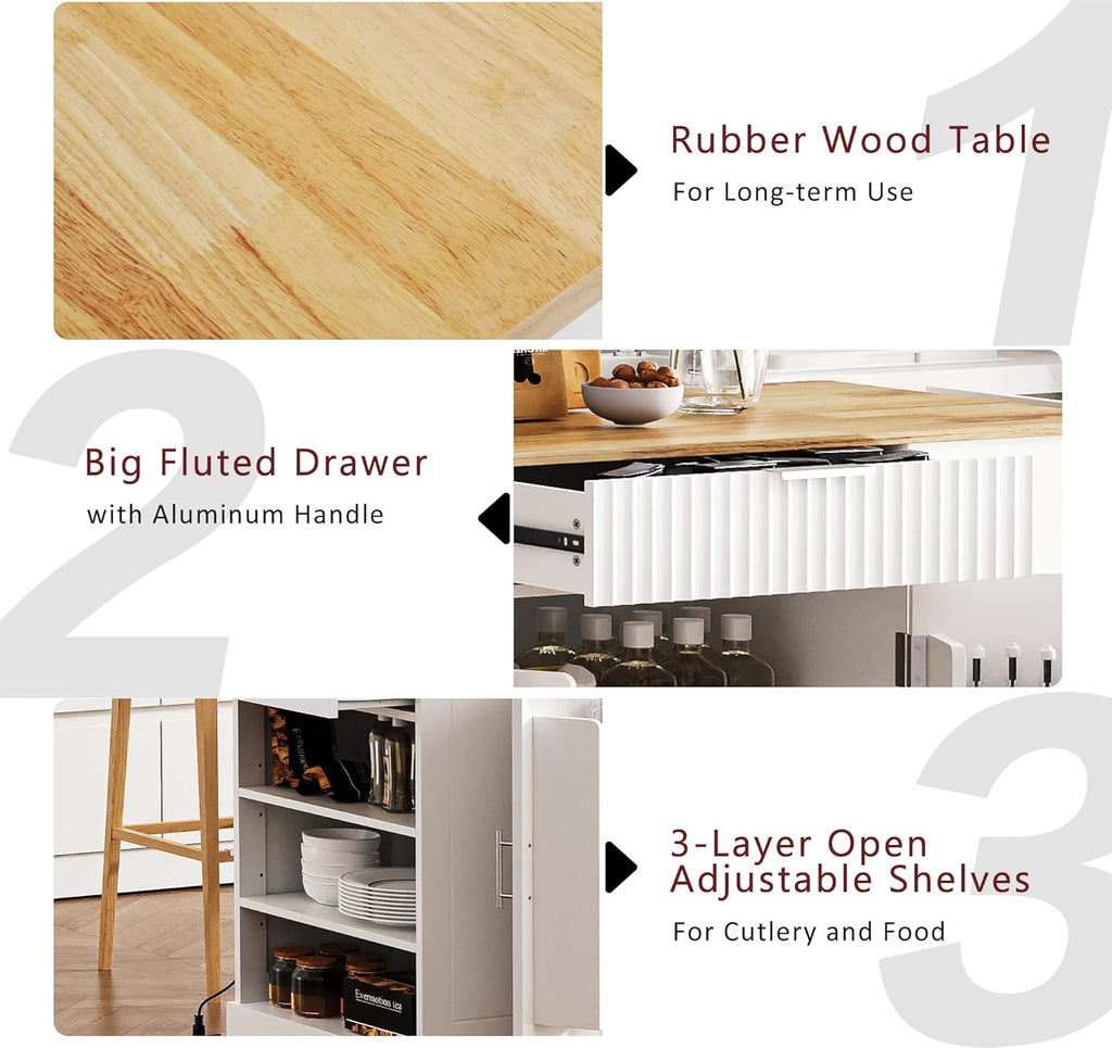 Fluted Rolling Kitchen Island Cart on 5 Wheels with Trash Can Storage Cabinet, Power Outlet, 3 Drawer, 3 Open Side Racks, 10 Gallon Garbage Bin for Kitchen, Dining Room, White