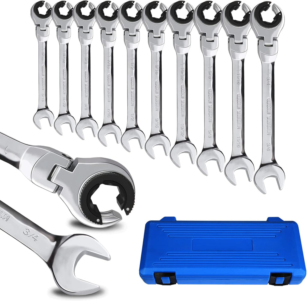 LOSCHEN SAE Flex-Head Ratcheting Wrench Combination Wrench Set 10 Pcs/Set with 72 Teeth, Chrome Vanadium Steel Tubing Ratchet Spanner（US and European Patents）
