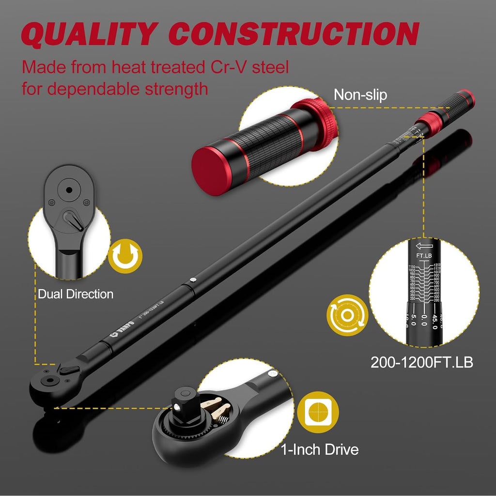 VANPO 1-inch Drive Click Torque Wrench, 200-1200 Ft-Lb/271-1626 Nm, 48.03'' Length, 48-Tooth, Torque Wrench Set with a Hex Key for Heavy-Duty Trucks & Industrial Machinery