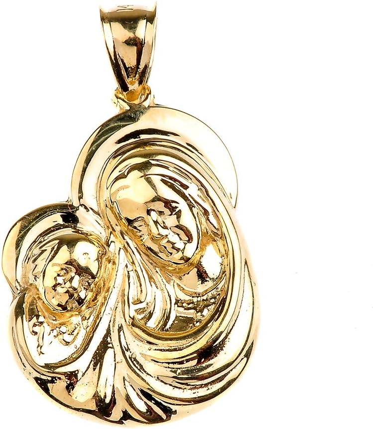 Religious Jewelry 14k Yellow Gold Madonna and Child Mother's Embrace Medal Pendant Necklace