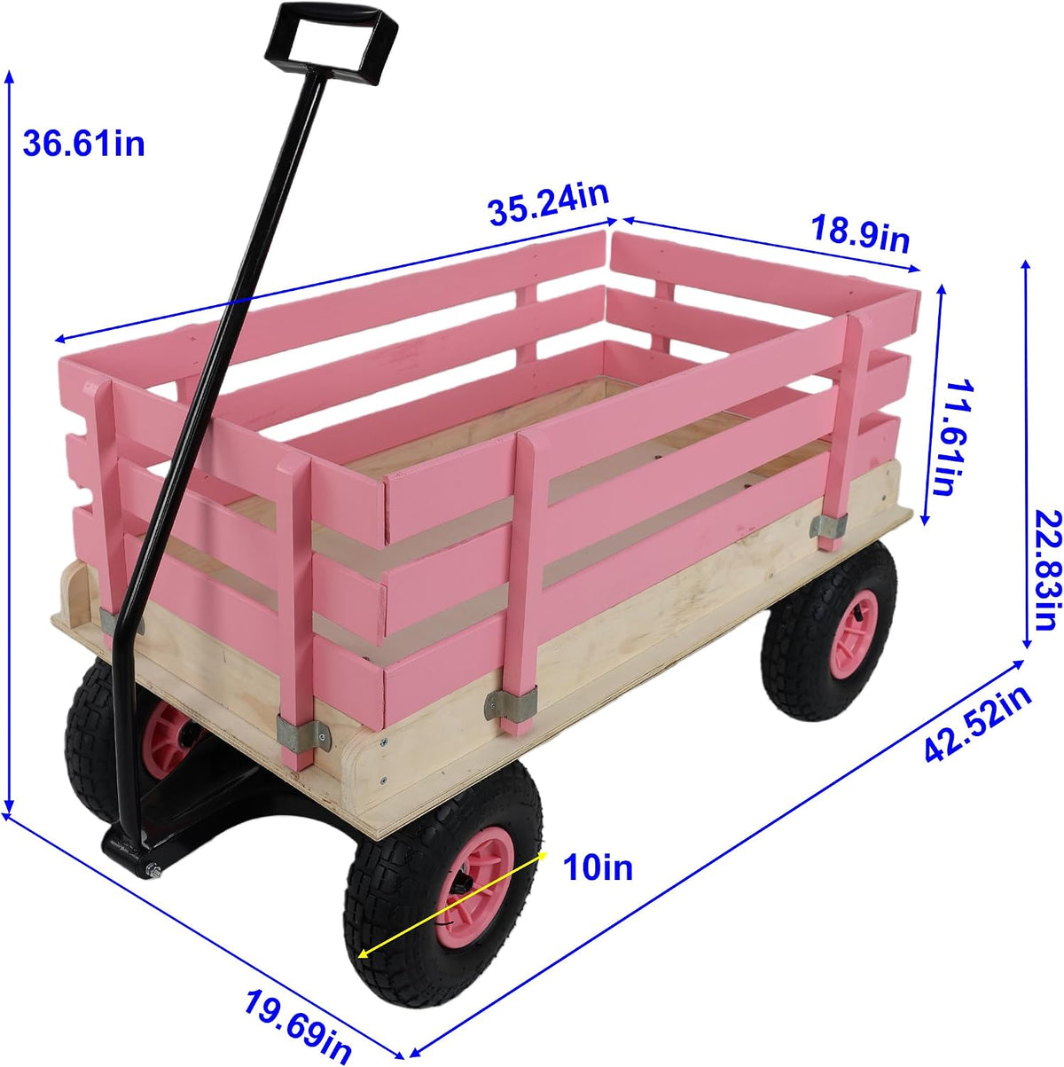 ZeHuoGe Outdoor Sport Wooden Wagon All Terrain Pulling with Removable Wooden Side Panels Rubber Inflatable Tires, Pull-Along Wagons (Pink)