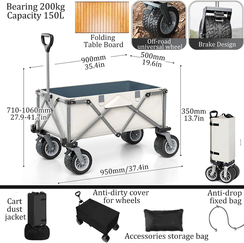 Bgarden Carts,Collapsible Wagon,Sports Outdoor Utility Wagon Folding Garden Wagon Sports Steel Frame Foldable Yard Car Off-Road Wheels with Brakes Folding Board Camping Cart
