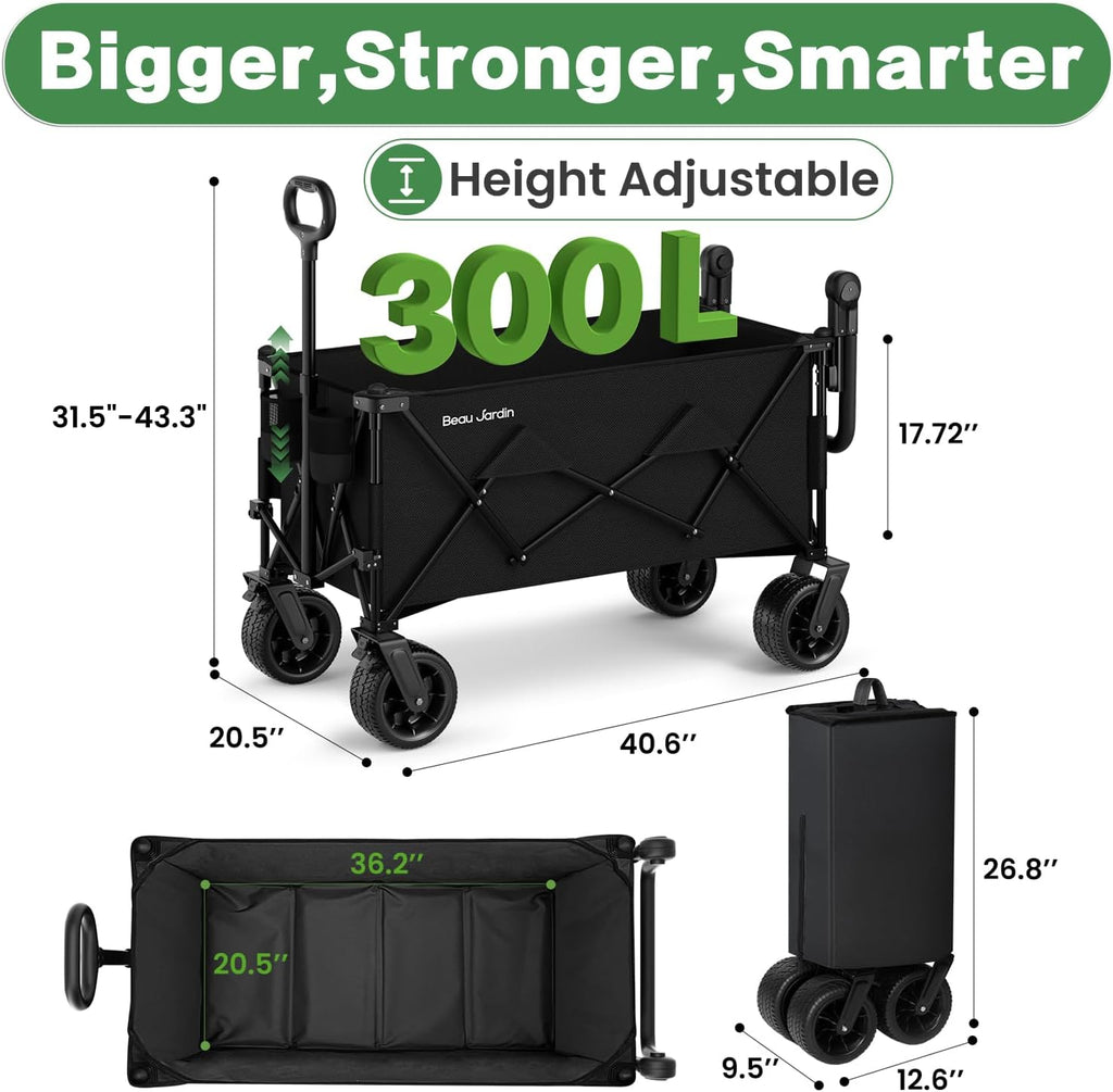 BEAU JARDIN Folding Push & Pull Beach Wagon 500 lbs Collapsible Foldable Wagons with Push Handle All Terrain Wheels Grocery Utility Camping Skiing Ice Fishing Sports Garden Wagon Cart Black