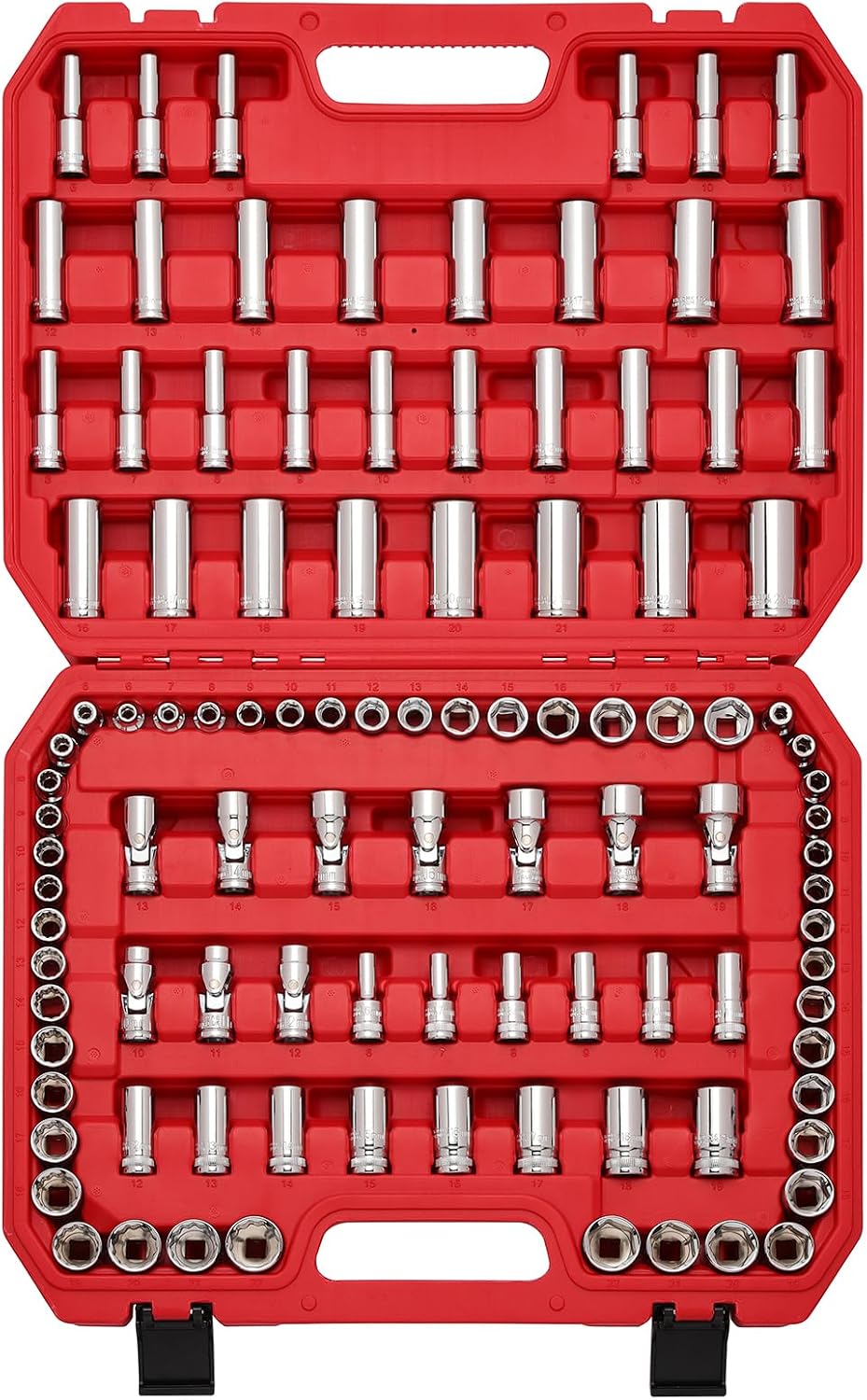 CASOMAN 104 PCS 3/8' Drive Master Impact Socket and Flex Socket Set, Include Deep, Mid-Length, Shallow & Stubby Socket, 6-Point & 12-Point, Metric, CR-V