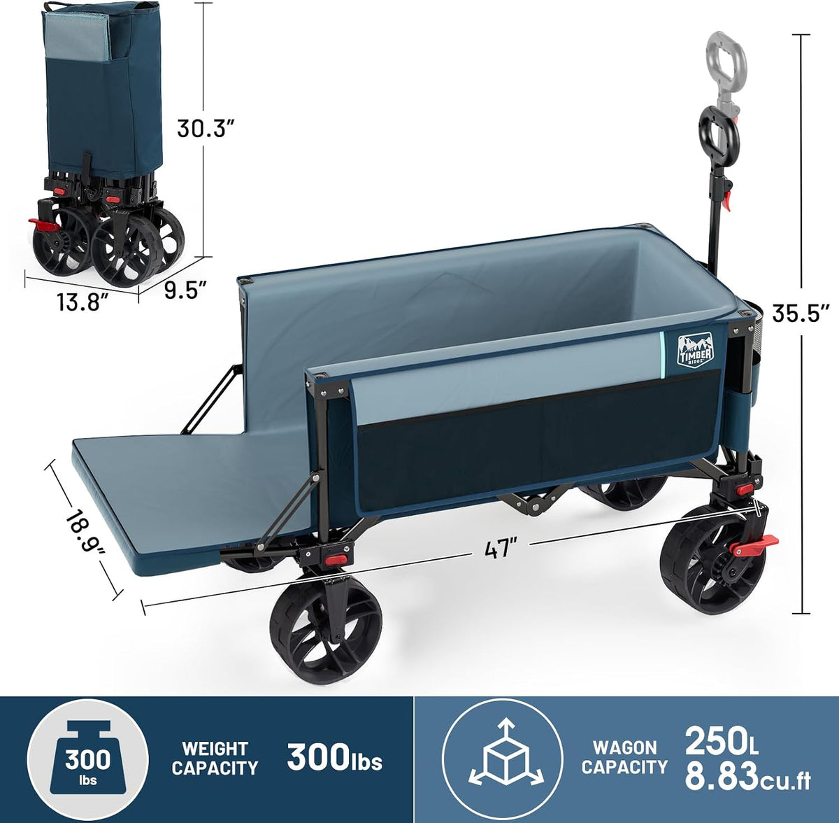 Timber Ridge Beach Wagon with Tailgate, 300 lbs Heavy Duty Collapsible Wagon with All-Terrain Big Brakes Wheels, Foldable Utility Cart for Sand Sports Shopping, Blue