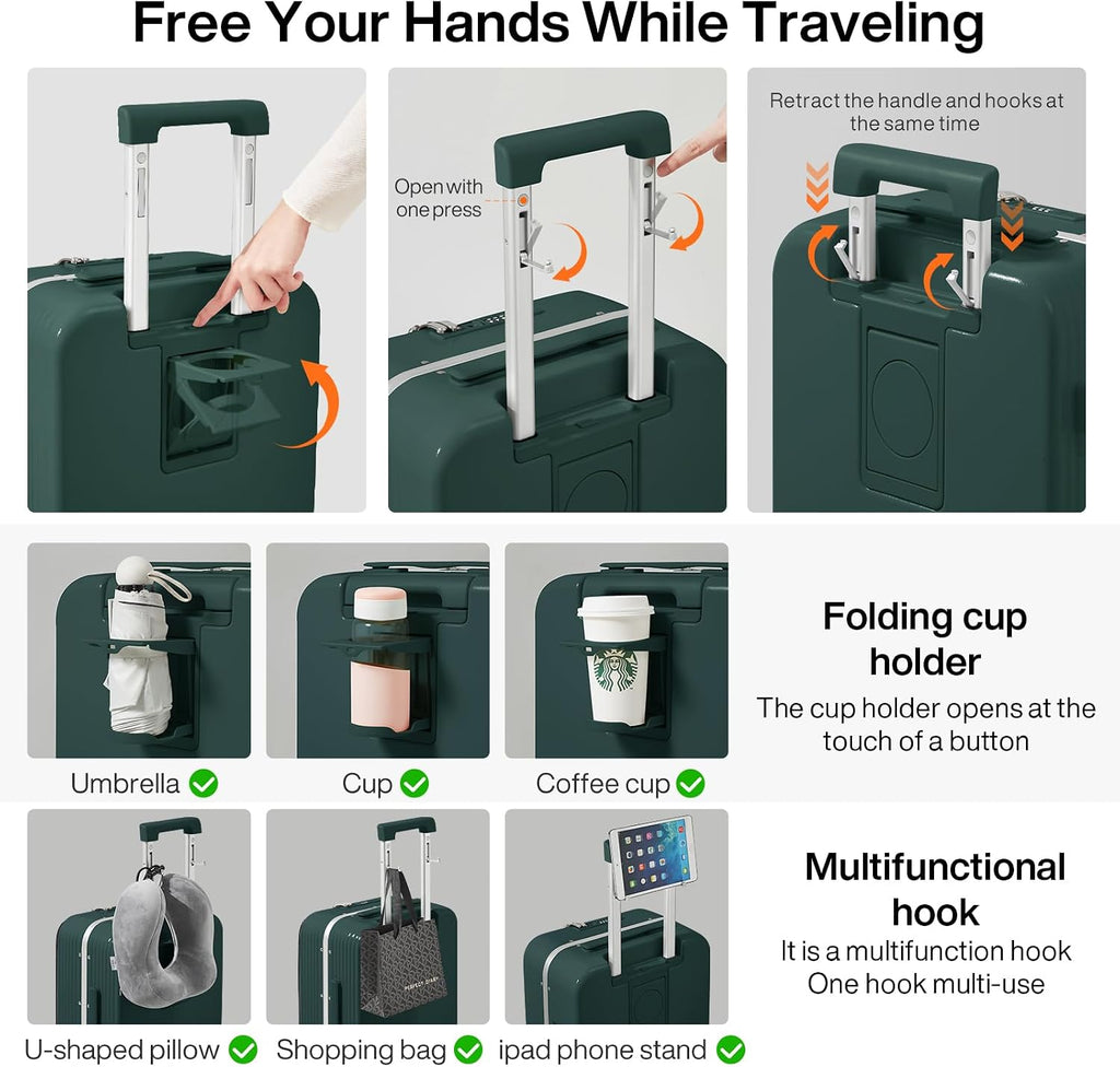 mixi Large Checked Luggage with Cup Phone Holder and Charger Hard Shell Suitcases with Spinner Wheels, 26 Inch Blackish Green
