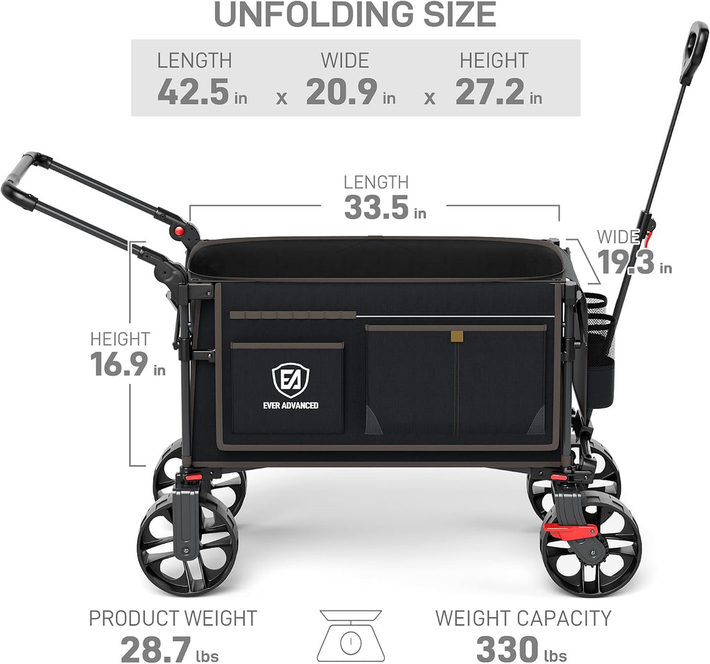 EVER ADVANCED Folding Push Wagon with Brakes, Portable Shopping Cart, Collapsible Wagon Cart with All-Terrain Big Wheels for Camping, Beach, Sports