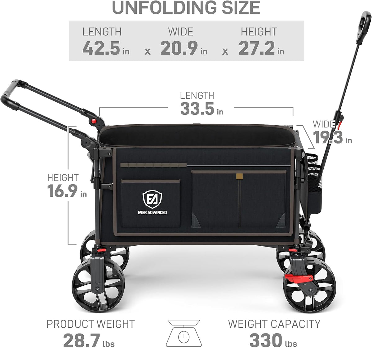 EVER ADVANCED Folding Push Wagon with Brakes, Portable Shopping Cart, Collapsible Wagon Cart with All-Terrain Big Wheels for Camping, Beach, Sports