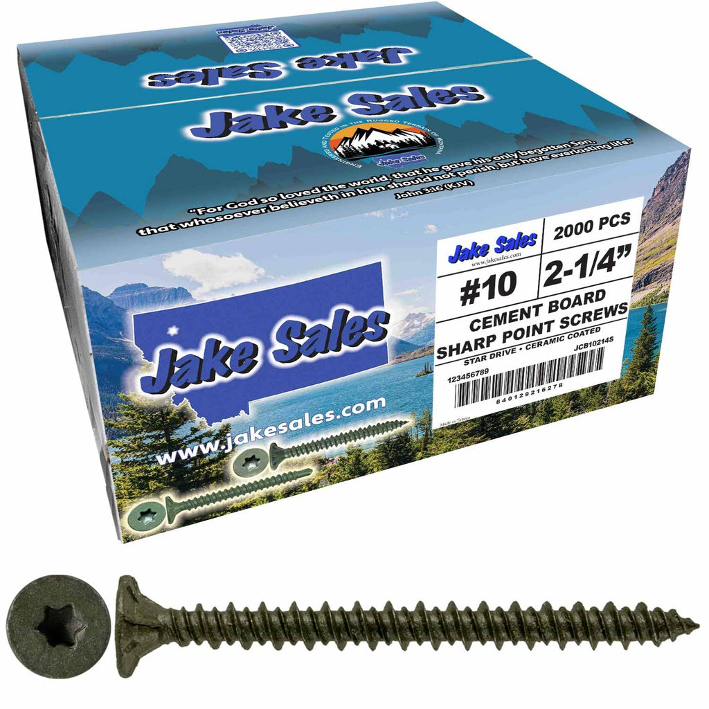 Jake Sales #10x2-1/4 Cement Board Star-Drive Screws • Sharp Point for Fastening Cement Backer Board/Cement Board/Tile Board • T-25 Torx Head (Full Box 2000 Screw Count)