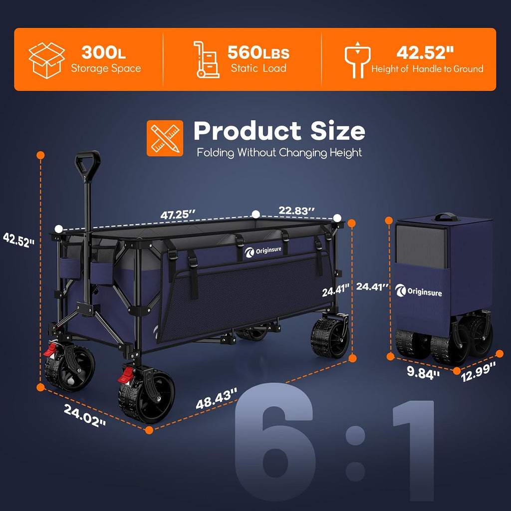 Originsure 48' L Collapsible Beach Wagon Cart Foldable, 560LB Weight Capacity 300L Heavy Duty Folding Wagons with Big All-Terrain Wheels, Utility Carts for Groceries, Camping, Sports - Grey&Purple