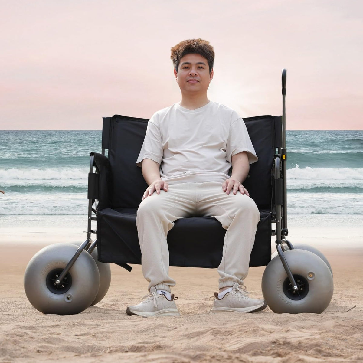 Beach Wagon with 13'' Balloon Wheels, Foldable Cart Converts into a 2-Person Sofa for Adults, Wheel Chair Wagon Bench Love Seat Combo with Big Wheels for Sand