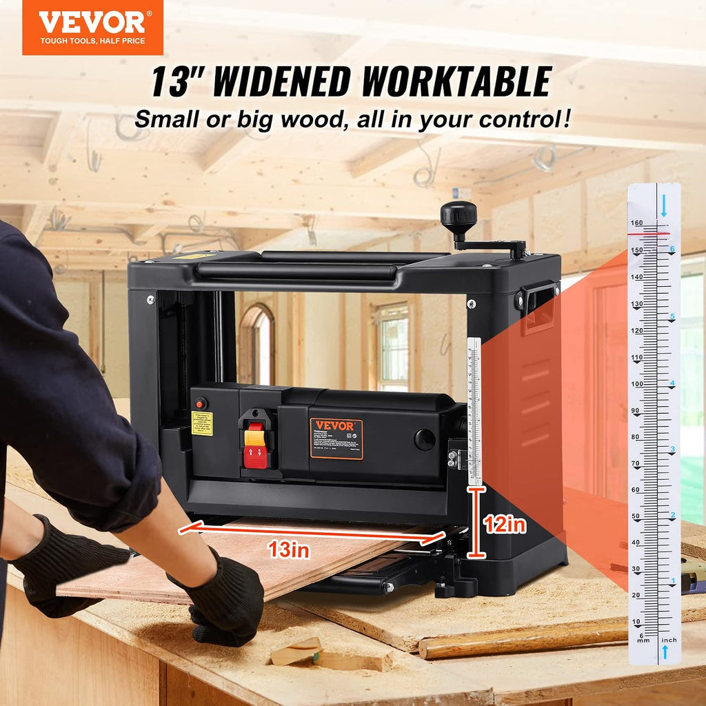 VEVOR Thickness Planer, Two-Blade, 13' Width Worktable Benchtop Planer, 15-Amp 2000W Powerful Motor, 12' Extended Infeeding Table, Low Noise for both hard & soft wood material removal
