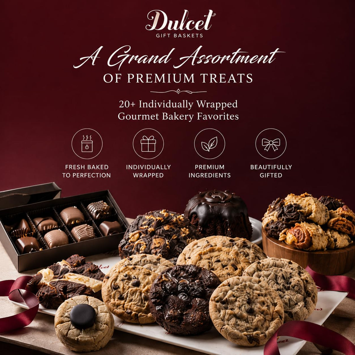 Dulcet Gourmet Snack & Dessert Gift Basket Deluxe Edition – Fresh Baked Assorted Pastries, Cookies, Brownies & Belgium Chocolates - Beautifully Packaged Bakery Assortment for All Gifting Occassions