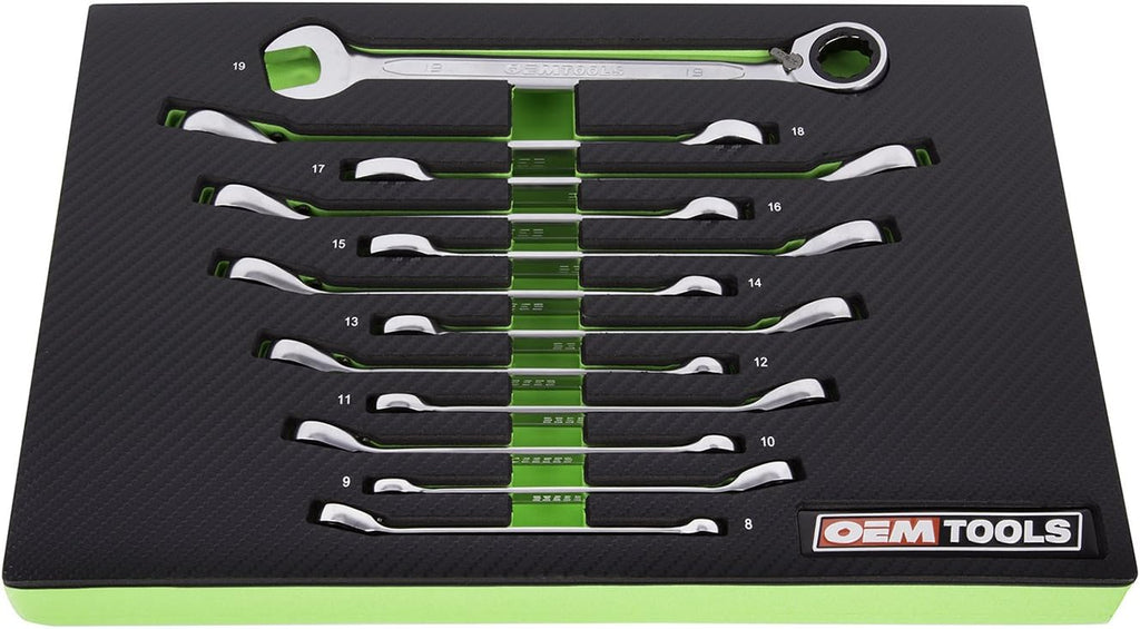OEMTOOLS 23988 12PC Reversible Metric Ratcheting Wrench Set, Posi-Grip Ratchet Wrench Set, Metric Wrench Set 8-19 mm, Cr-V Ratchet Wrenches, EVA Storage Case Wrench Organizer