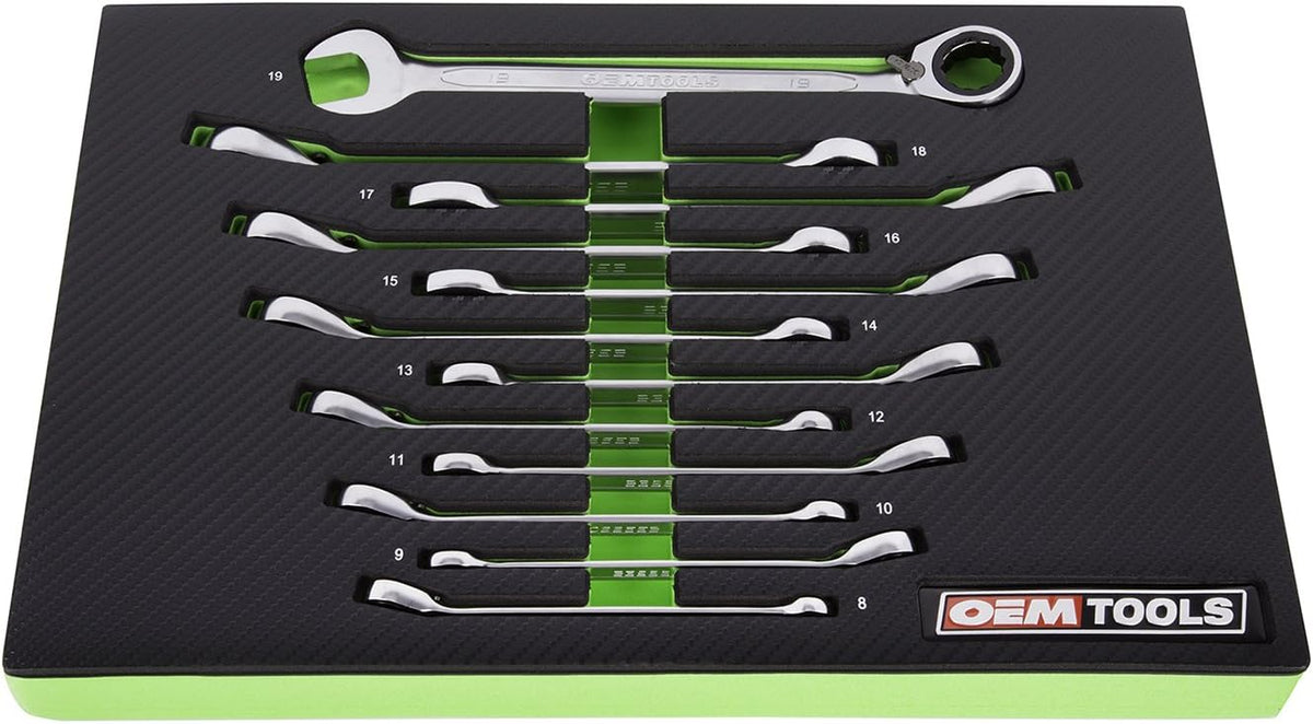 OEMTOOLS 23988 12PC Reversible Metric Ratcheting Wrench Set, Posi-Grip Ratchet Wrench Set, Metric Wrench Set 8-19 mm, Cr-V Ratchet Wrenches, EVA Storage Case Wrench Organizer
