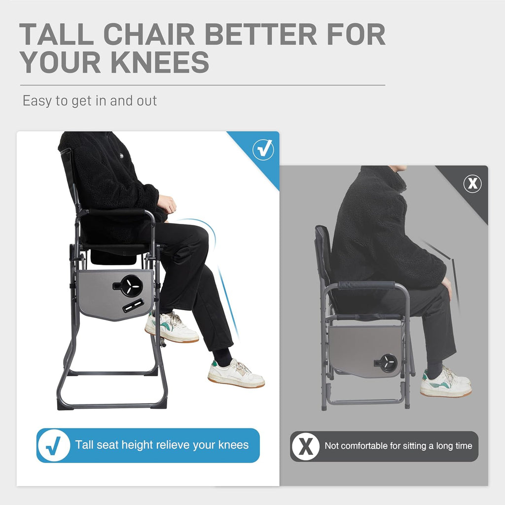 EVER ADVANCED 2 Piece Portable 30.7' Seat Height Tall Folding Camping Chair Directors Chair High with Side Table for Makeup Artist, Sports Event, Craft Show, Supports 350LBS