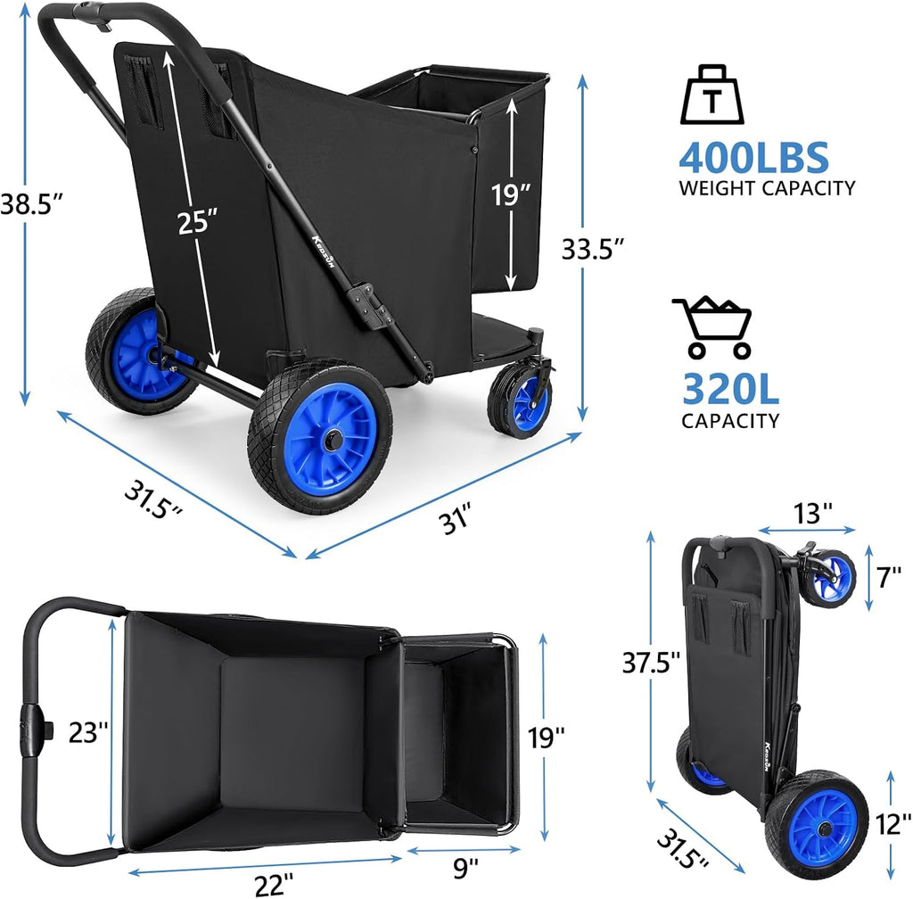 KEDSUM 11.3 Cu.Ft. 400LBS Upgrade Huge Beach Wagon with Big Wheels for Sand, 12' All-Terrain Rubber Wheels Beach Cart, Collapsible Wagon for Sand for Camping, Outdoor, Shopping, One-Click Foldable