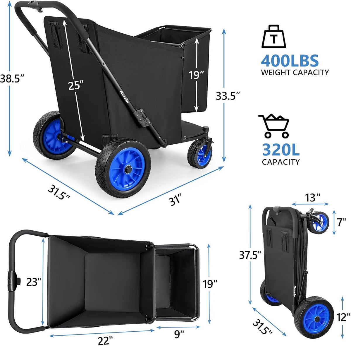 KEDSUM 11.3 Cu.Ft. 400LBS Upgrade Huge Beach Wagon with Big Wheels for Sand, 12' All-Terrain Rubber Wheels Beach Cart, Collapsible Wagon for Sand for Camping, Outdoor, Shopping, One-Click Foldable