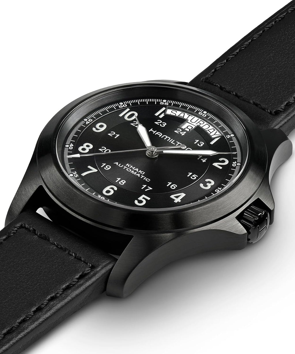 Hamilton Khaki Field King Automatic Men's Watch, 40mm Stainless Steel Case, Swiss Made, Black Dial Analog Wrist Watch for Men, 50m Waterproof, Sapphire Crystal, Calf Leather Strap