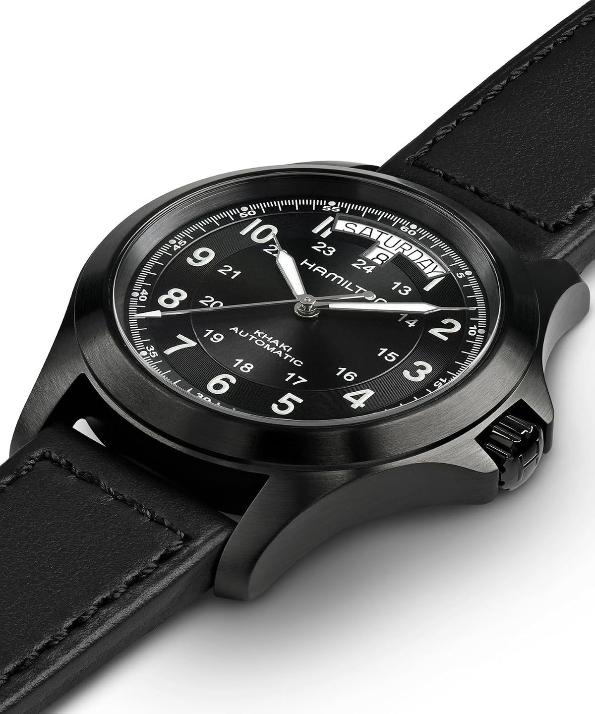 Hamilton Khaki Field King Automatic Men's Watch, 40mm Stainless Steel Case, Swiss Made, Black Dial Analog Wrist Watch for Men, 50m Waterproof, Sapphire Crystal, Calf Leather Strap