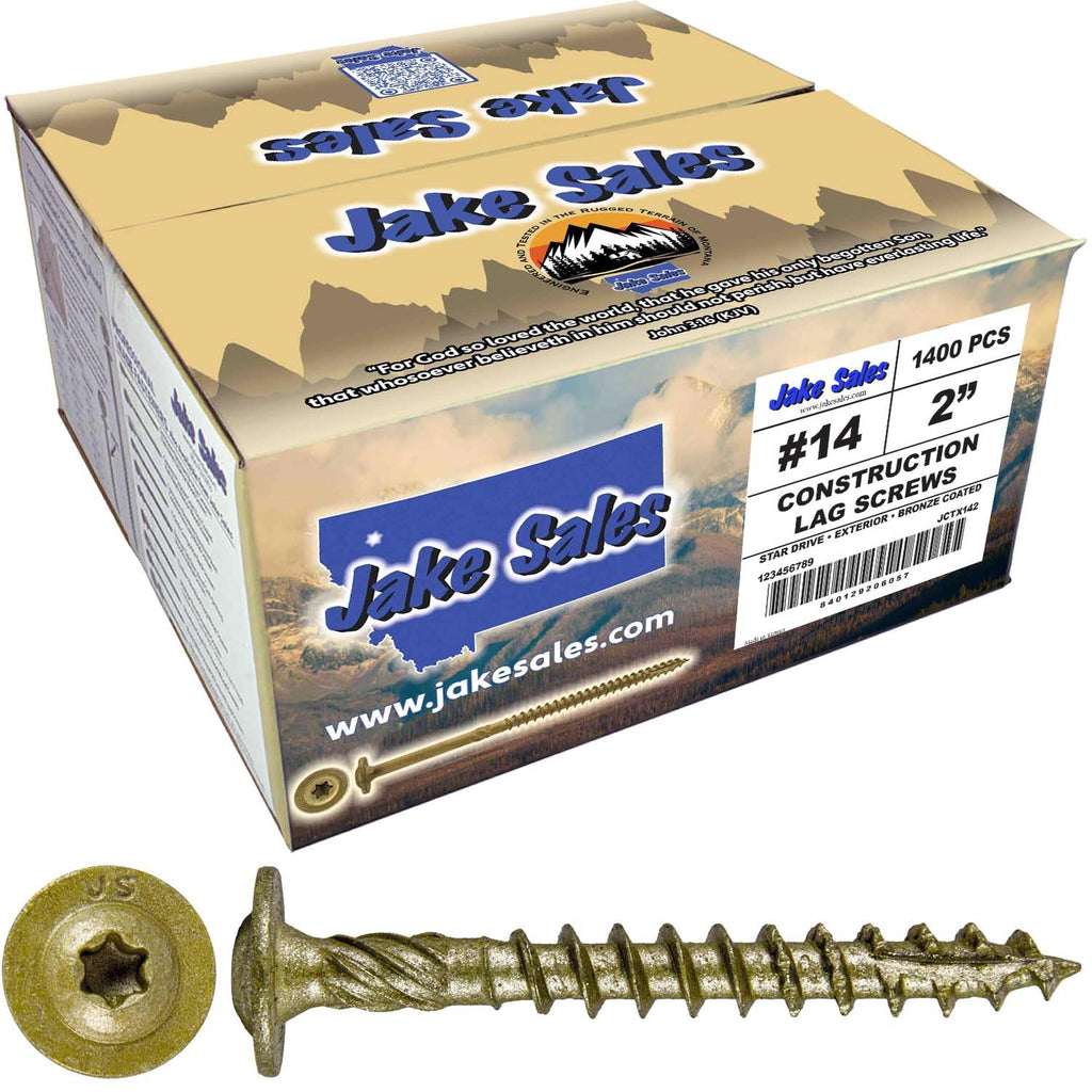 Jake Sales #14 x 2 Construction Lag Screw Exterior Coated Torx/Star Drive Heavy Duty Structural Lag Screw Far Superior to Common Lag Screws (Full Box -1400 Screw Count) Modified Truss Washer Head