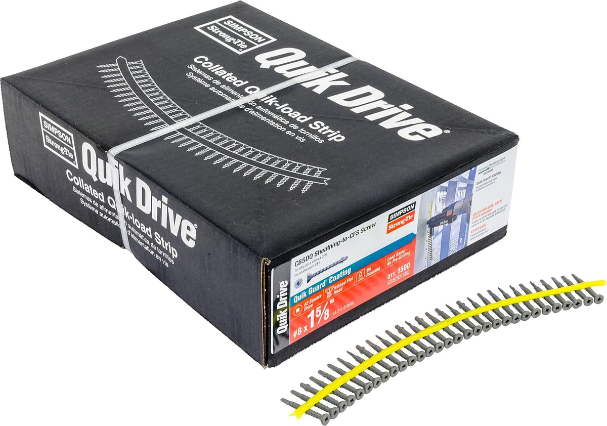 Simpson Strong-Tie CBSDQ158S Sheathing-to-CFS Screw (Collated) - #8 x 1-5/8 in., #2 Square Undersized Drive, Ribbed Flat Head, Quik Guard Coating (1500-Qty)