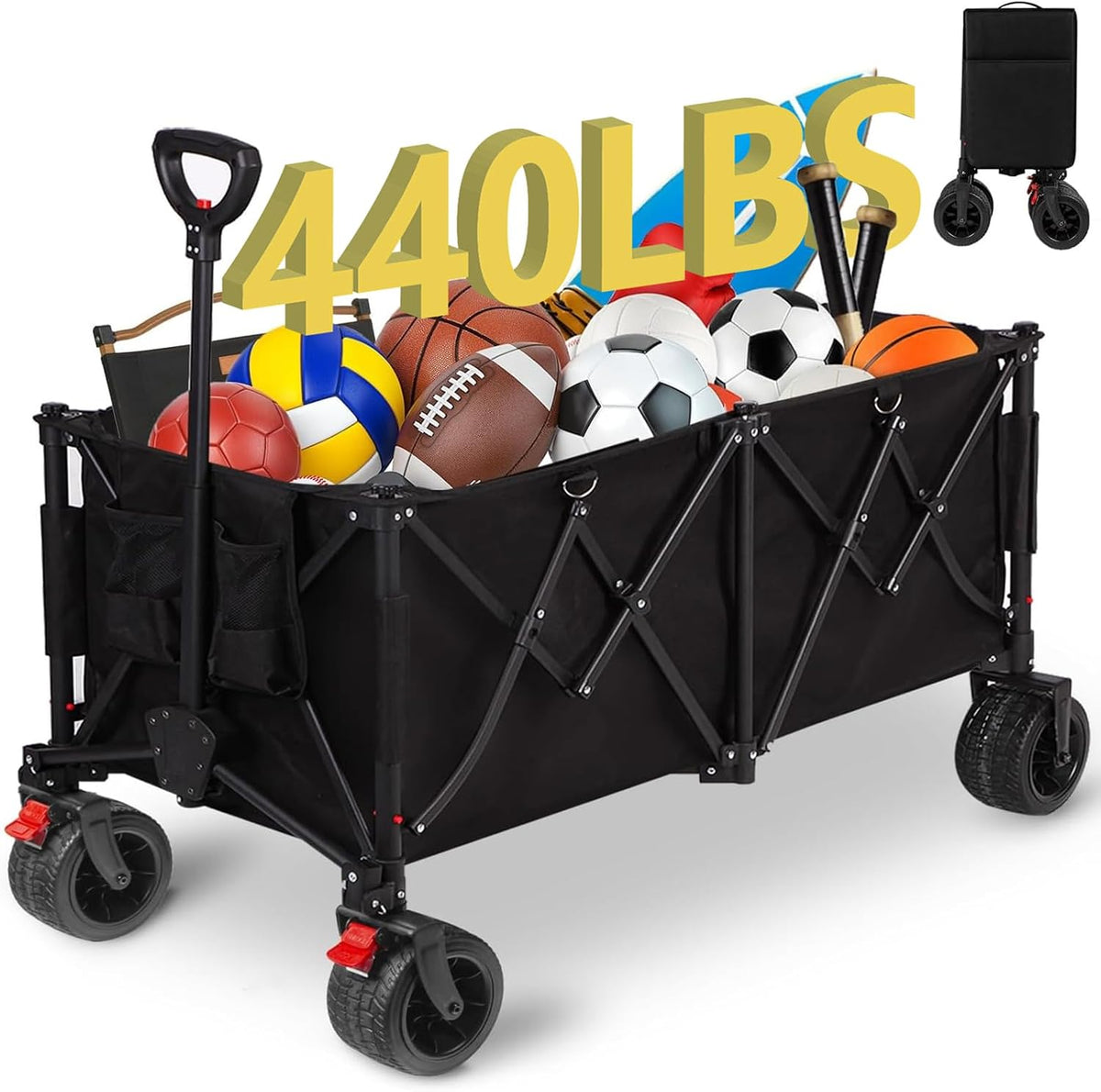 Collapsible Foldable Wagon Cart with 440lbs Weight Capacity, Heavy Duty 260L Large Capacity Garden Cart with Big All-Terrain Solid Wheels, Foldable Wagon for Sports Beach Grocery Camping