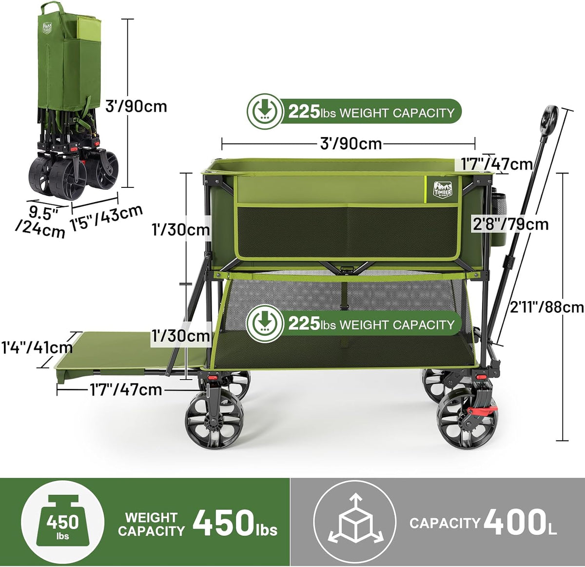 TIMBER RIDGE 400L Large Capacity Folding Double Decker Wagon with Brakes, 54' Extra Long Extender Wagon Cart, 450lbs Heavy Duty Collapsible Cart, All-Terrain Big Wheels for Camping, Sports, Shopping