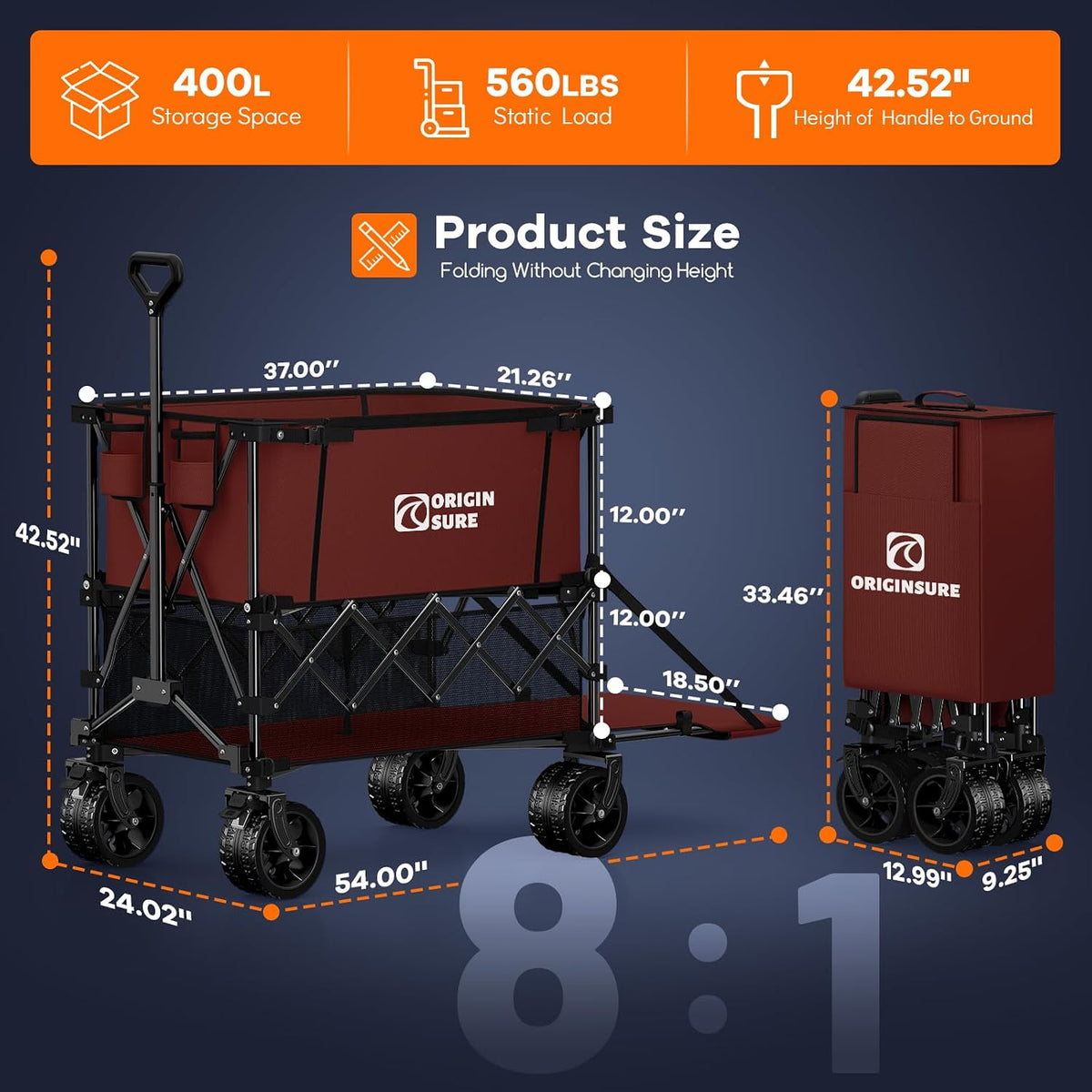 Originsure 400L Double Decker Wagon Collapsible with 54' L Tailgate, 560lbs Heavy Duty Carts Foldable, Extra Large Folding Beach Wagon with Big All-Terrain Wheels for Camping, Sports, Groceries, Red