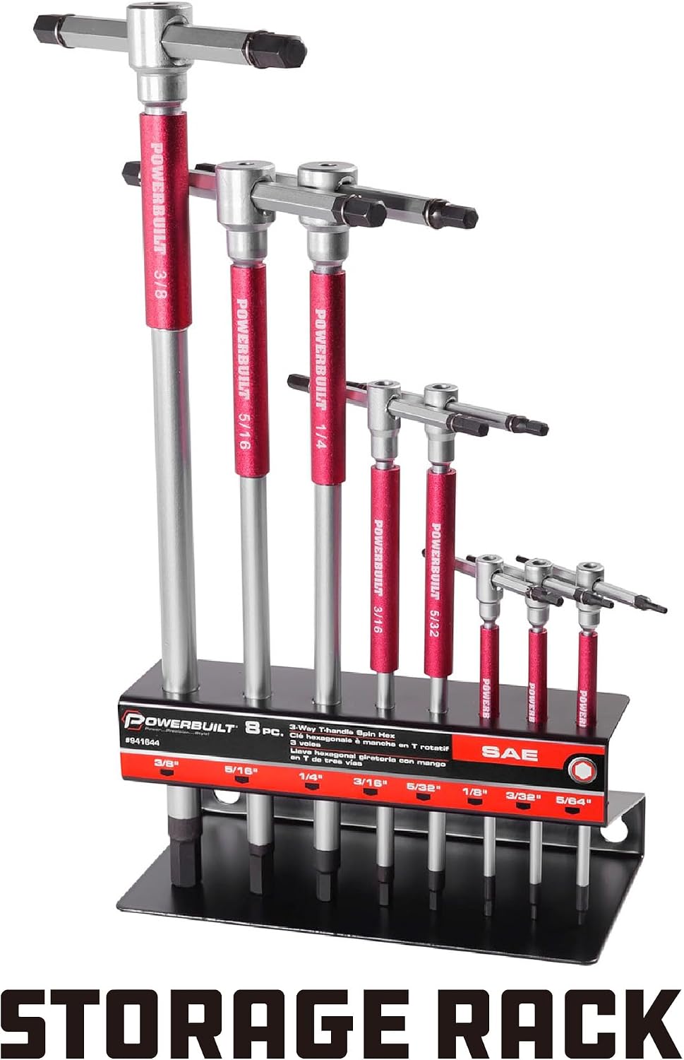 Powerbuilt 8 Pc SAE T-Handle Hex Allen Key Wrench Set w/ Speed Sleeves for Fast Spinning Action, Sliding Top Handle for 'T' or 'L' Shape, Long Shafts, Storage Rack, Auto, Bicycle, Moto - 941644 , Red