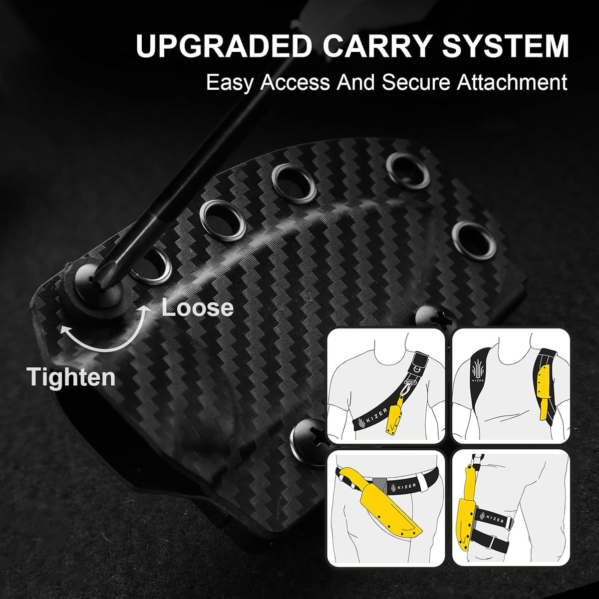 Kizer Drop Bear Fixed Blade Knife, 2.57' M390 Satin Blade EDC Camping Knife with Black Carbon Fiber Handle & Built-in Tools, Outdoor Small Hunting Survival Knives with Kydex Sheath, 1094A3