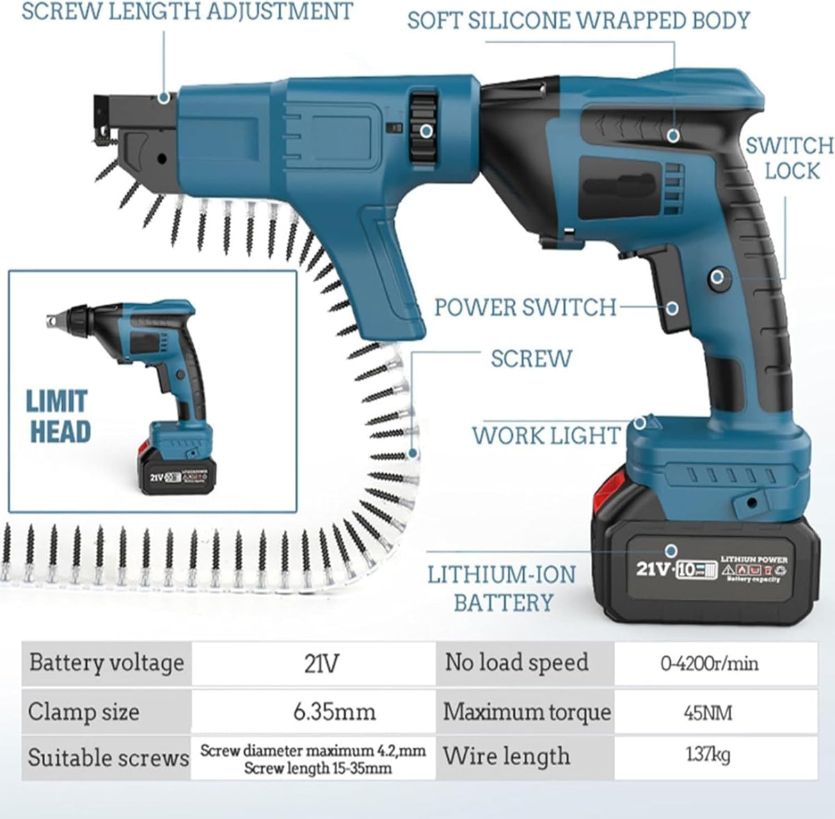 Electric Chain-Fed Screw Gun, 21V Cordless Drywall Screw Gun, Compatible with 15–35mm Screws, Designed for DIY Enthusiasts