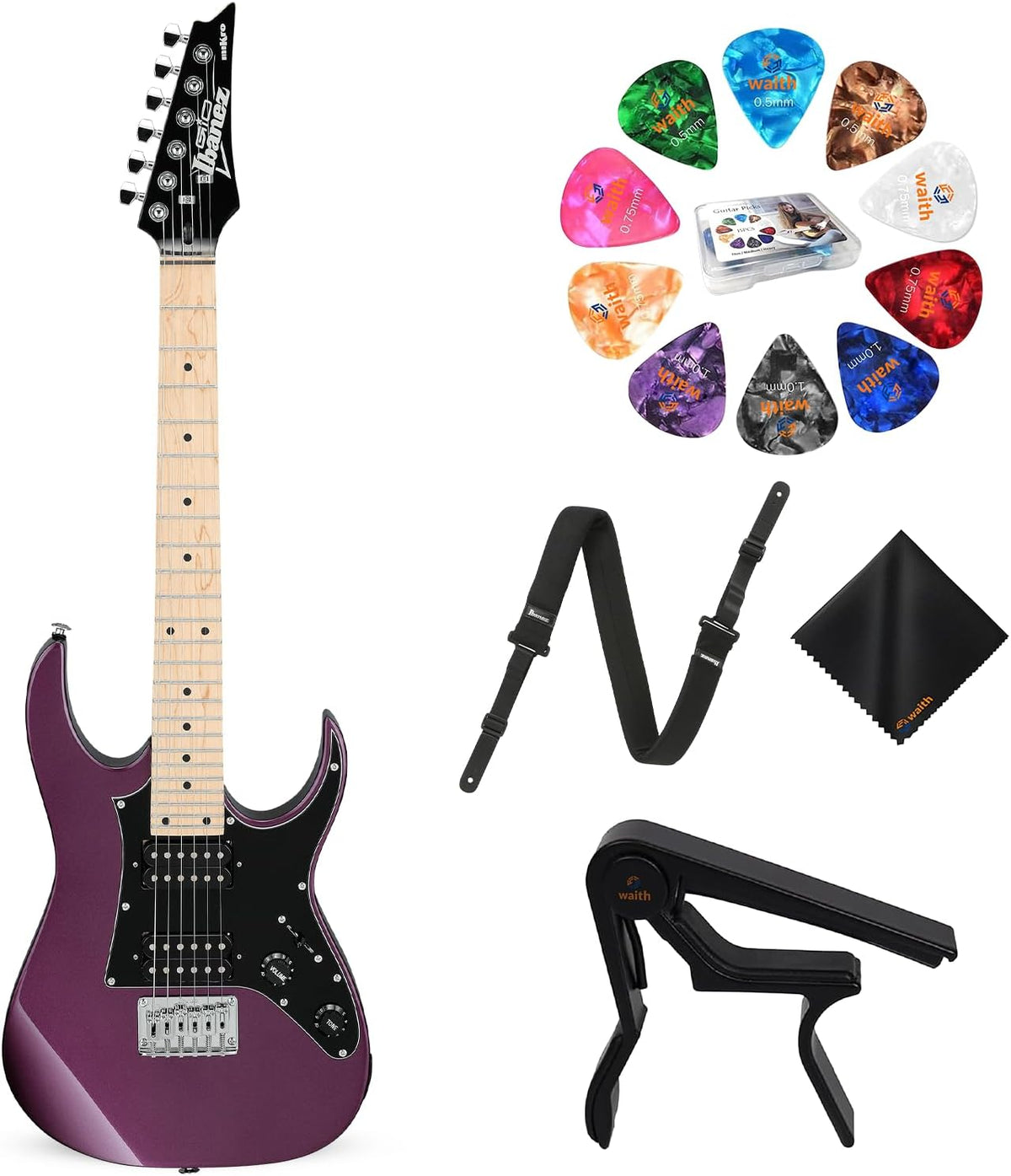 Ibanez GRG miKro Series 6 String Solid-Body Electric Guitar, Metallic Purple gloss Finish with GSF50 Powerpad Strap, String Capo, 15 Pack Guitar Picks, Organizer Storage Box, & Cleaning Cloth - Bundle