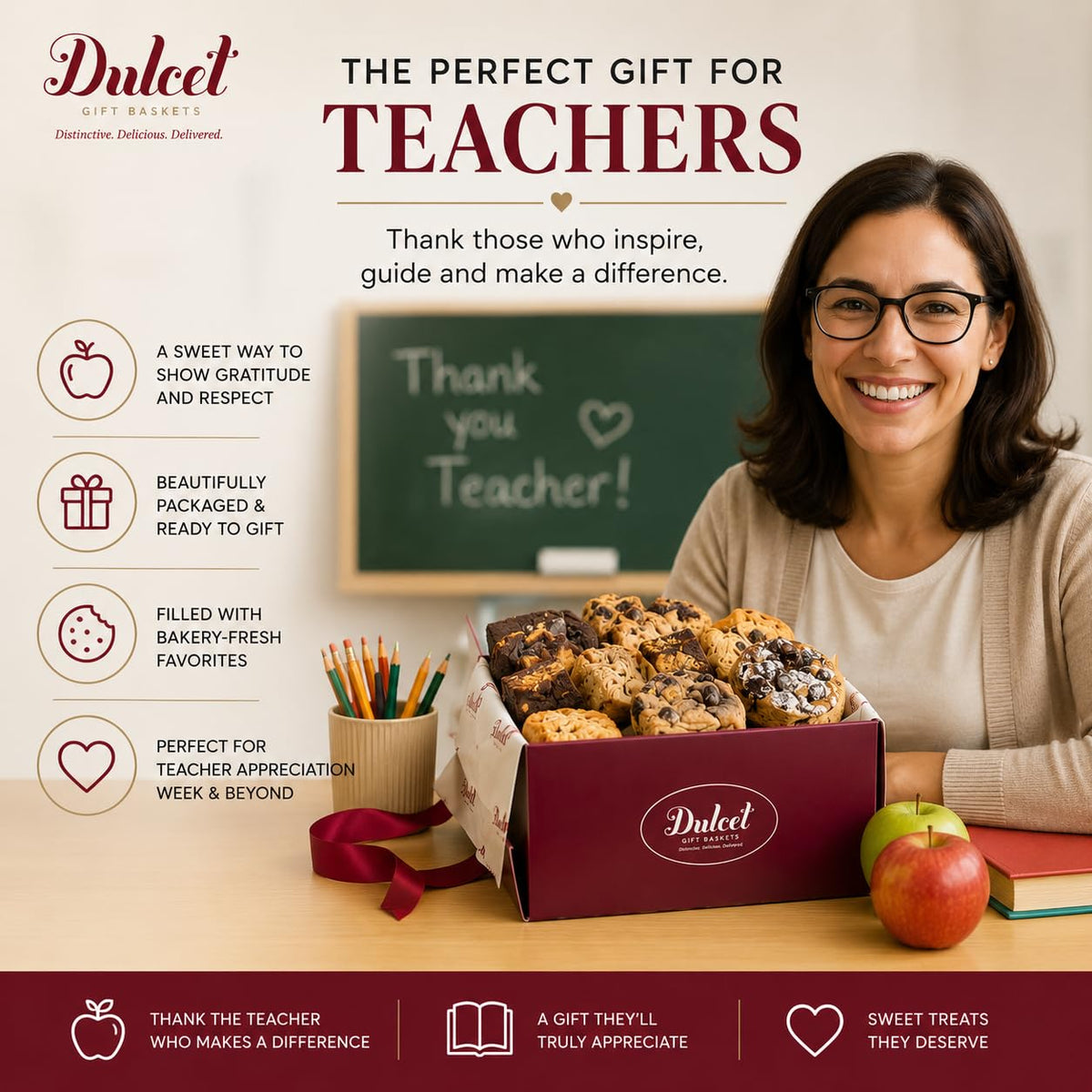 Dulcet Thank You & Congratulations Gift Basket – Gourmet Food Gift Basket with Fresh Brownies, Cookies & Pastries – Appreciation Gifts for Teachers, Students, Employees, Co-Workers, Friends & Family