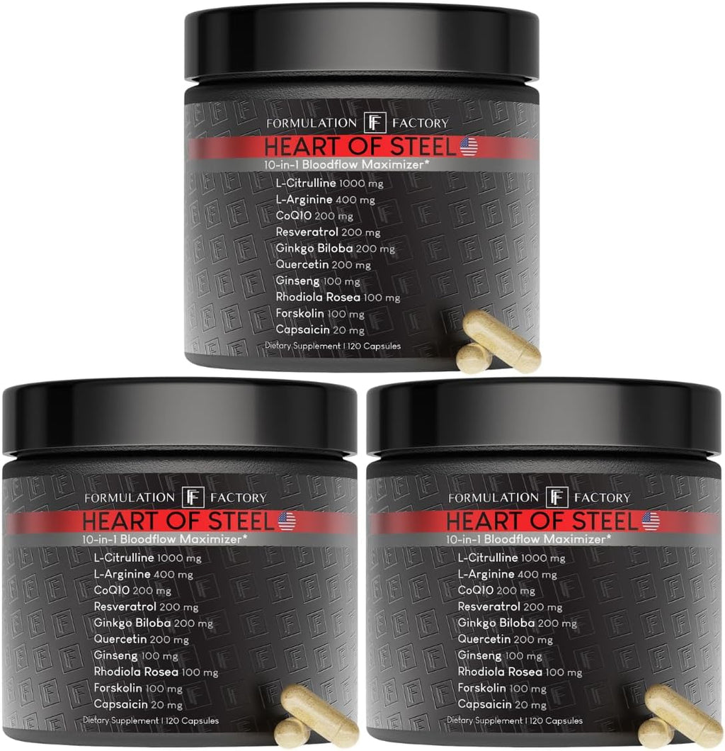 Formulation Factory Heart of Steel Nitric Oxide Supplements, Nitric Oxide Booster for Blood Flow & Circulation with L-Citrulline, L-Arginine, CoQ10 & Resveratrol - 360 Capsules, 90 Servings (3 Pack)