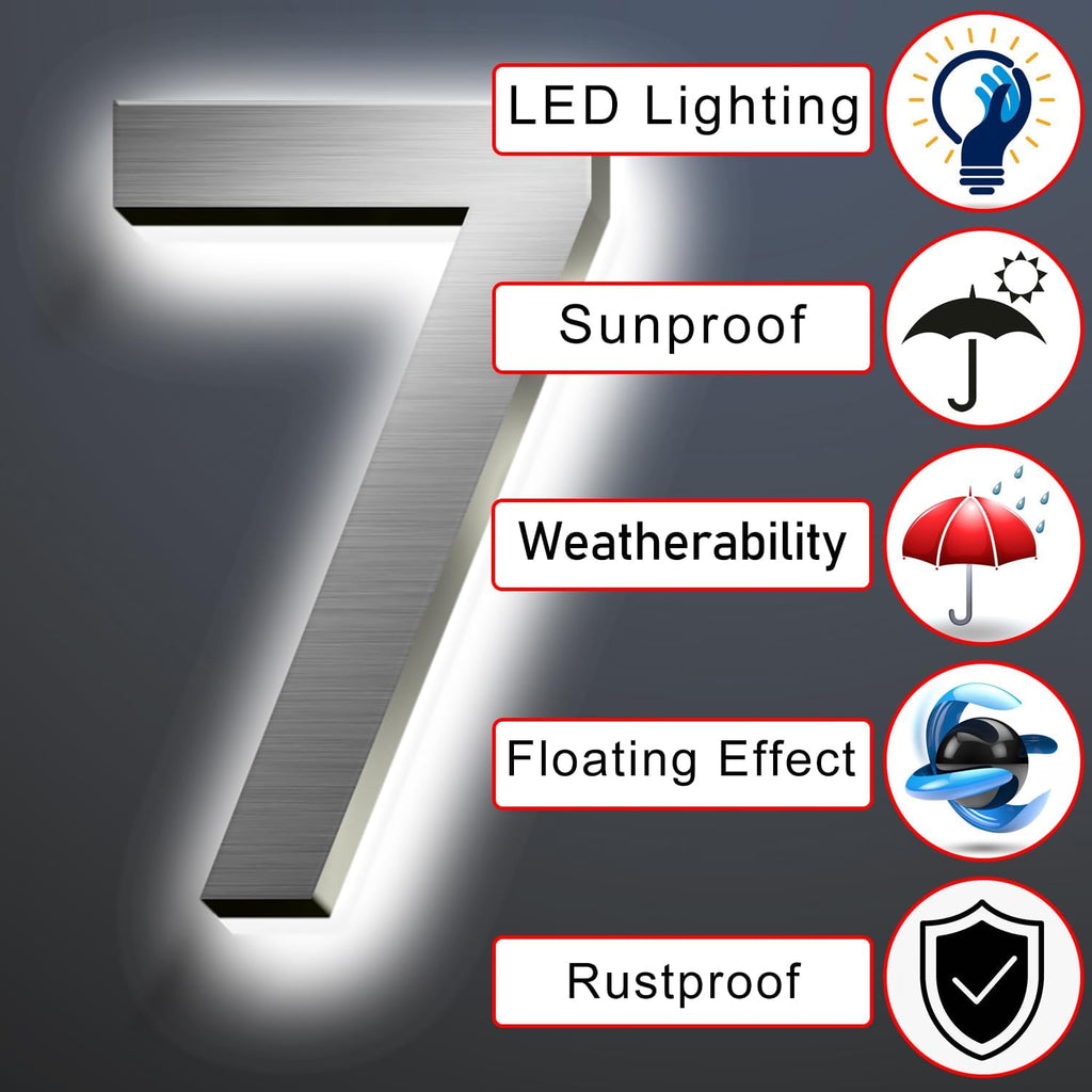 Backlit LED Illuminated House Numbers For Outside 18', Stainless Steel Modern Lighted Address Signs For Home, Illuminated Address Numbers, Brushed Silver, White Light,D