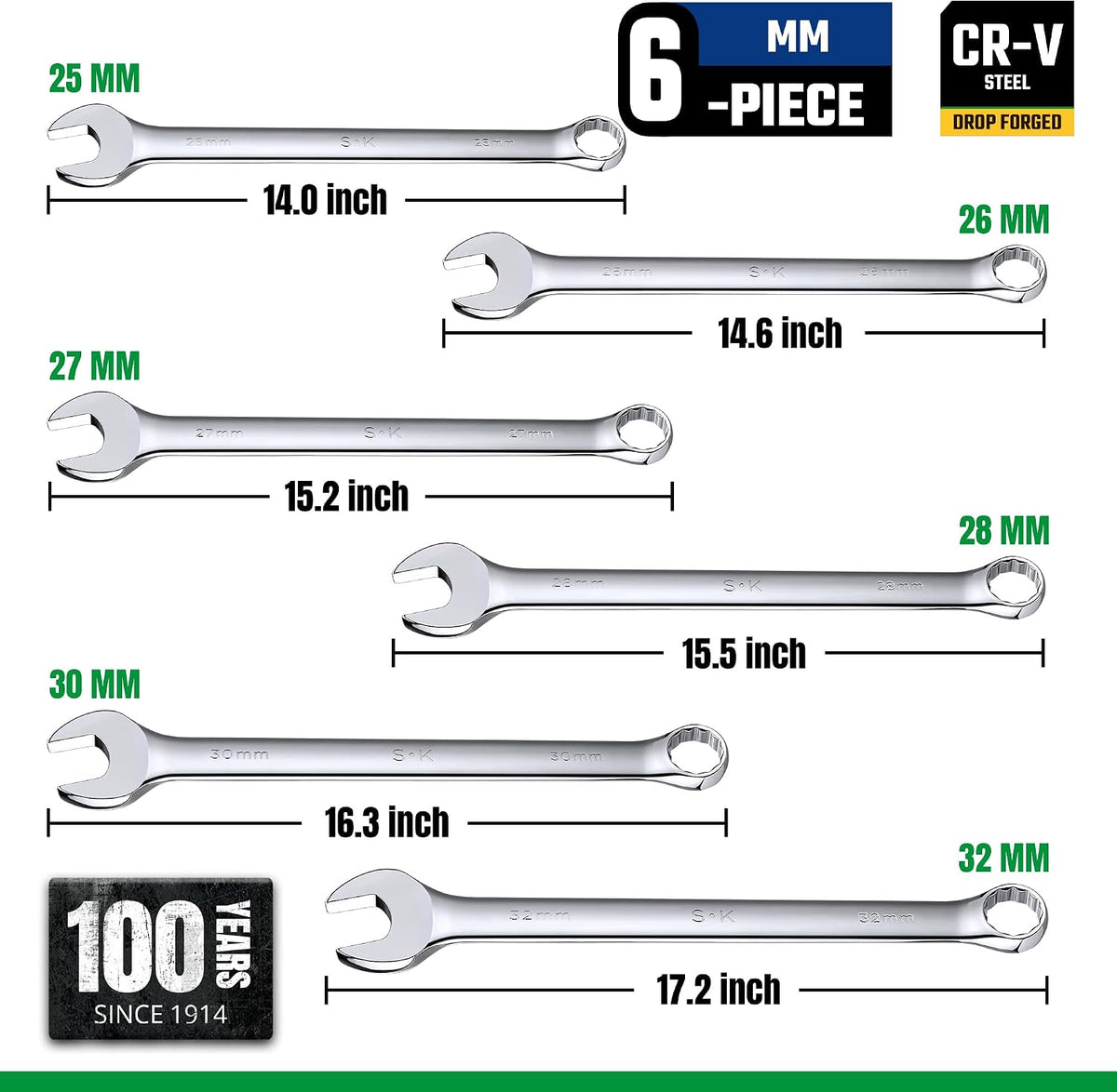 SK Long Pattern Combination Wrench Set, Metric 25 to 32mm, 6-Piece, SuperKrome Finish, Premium CR-V Construction, with Rolling Pouch
