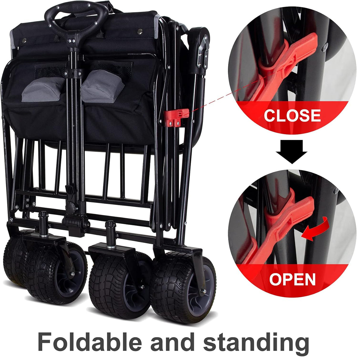 TMZ All Terrain Utility Folding Wagon, Collapsible Garden Cart, Heavy Duty Beach Wagon, for Shopping, Camping, and Outdoor Activities with Push Handle and Brake (Black/Grey)
