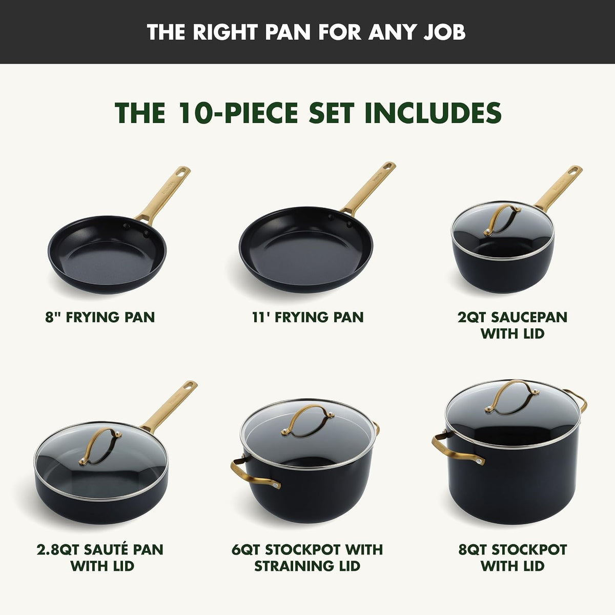 GreenPan Hard Anodized Healthy Ceramic Nonstick 10 Piece Cookware Pots and Pans Set, Gold-Tone Stainless Steel Handles, PFAS-Free, Dishwasher Safe, Oven & Broiler Safe, Black