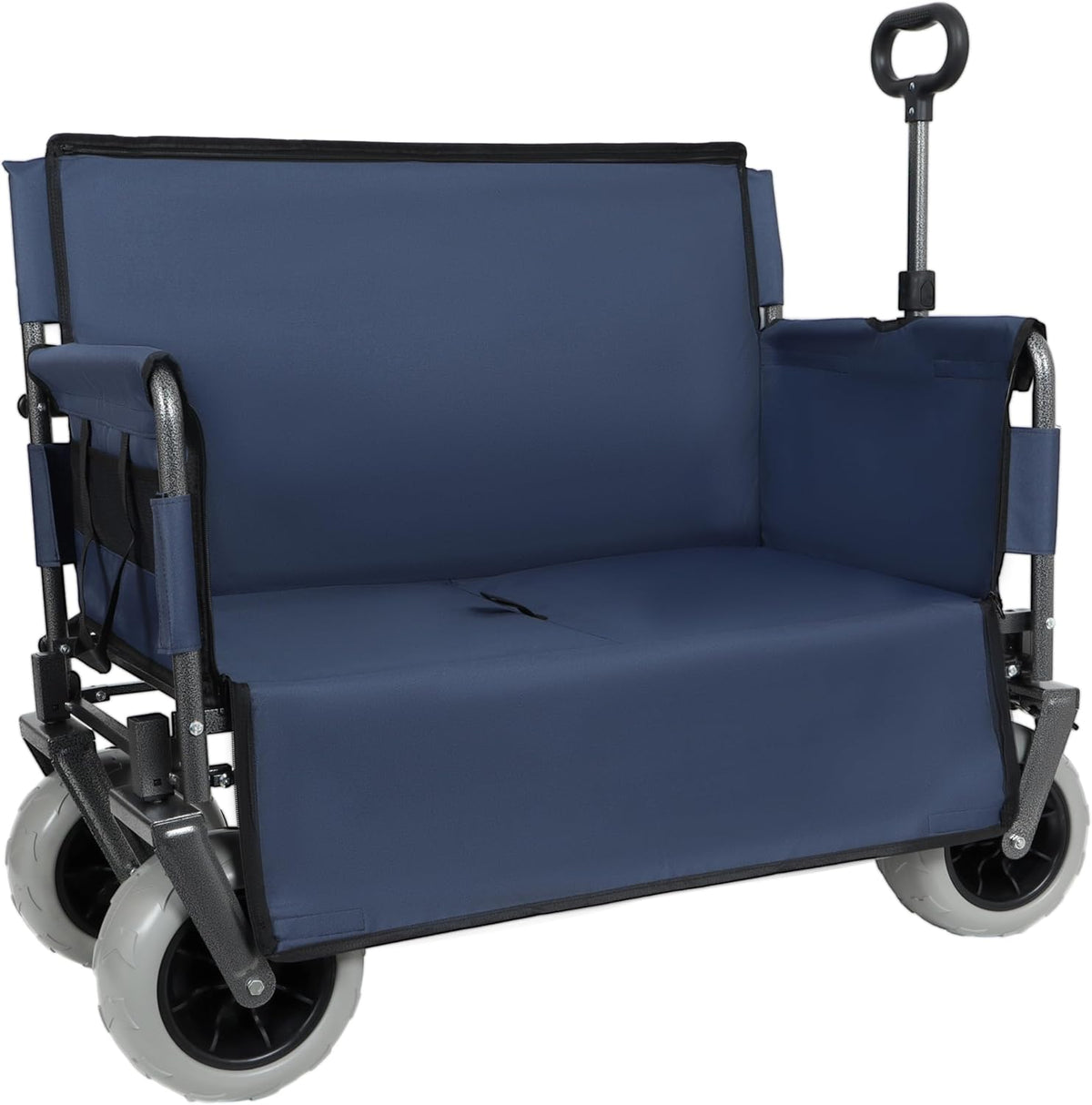 3-in-1 Convertible Folding Wagon Cart with Bench Seat & 180L Storage - 500lbs Heavy-Duty All-Terrain Wagon for Camping, Beach, Sports & Garden Use (Dark Blue +9'x4' Wheels)