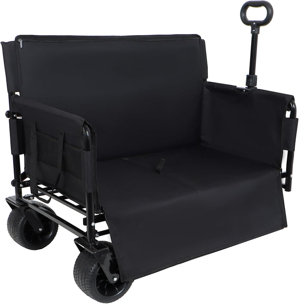3-in-1 Convertible Folding Wagon Cart with Bench Seat & 180L Storage - 500lbs Heavy-Duty All-Terrain Wagon for Camping, Beach, Sports & Garden Use (Black)