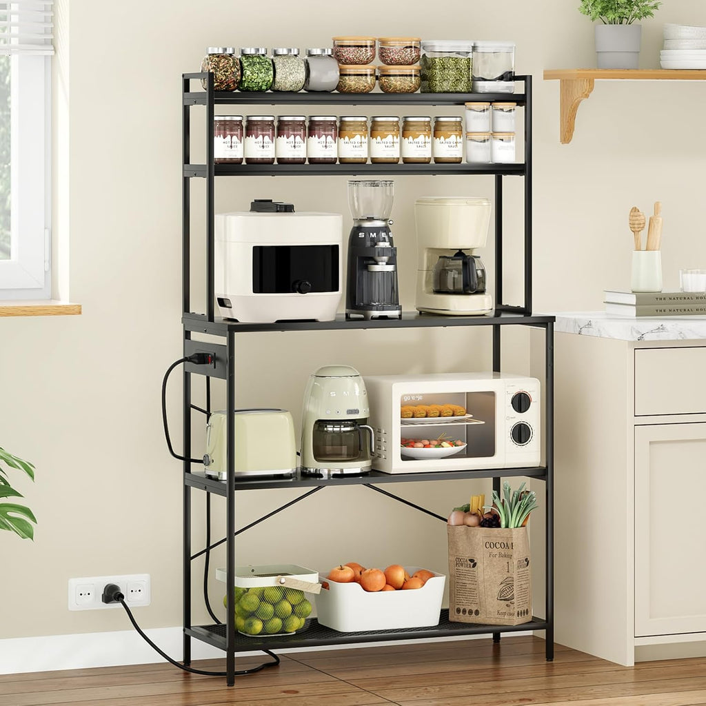 Large Bakers Rack with Power Outlet, 5-Tier Microwave Stand with Storage, Multifunctional Coffee Bar Organizer, Modern Minimalist Kitchen Storage Shelf for Home, Dining Room, Garage, Black