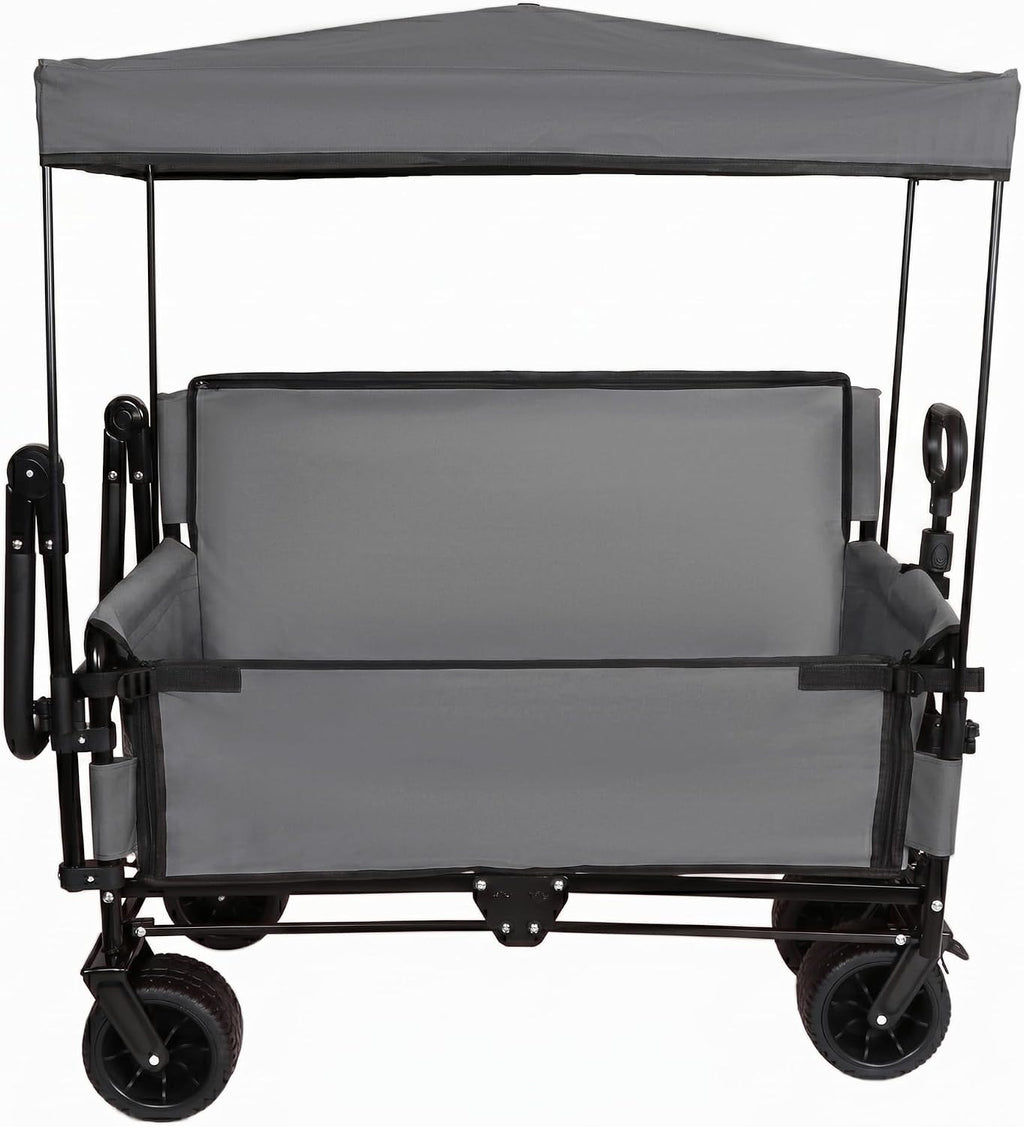 ZeHuoGe 3-in-1 Folding Wagon Cart with Bench Seat & Canopy & Storage, 500lbs Heavy-Duty, 180L Capacity, All-Terrain Wagon for Camping, Beach, Sports, & Garden (Gray+Black Frame)