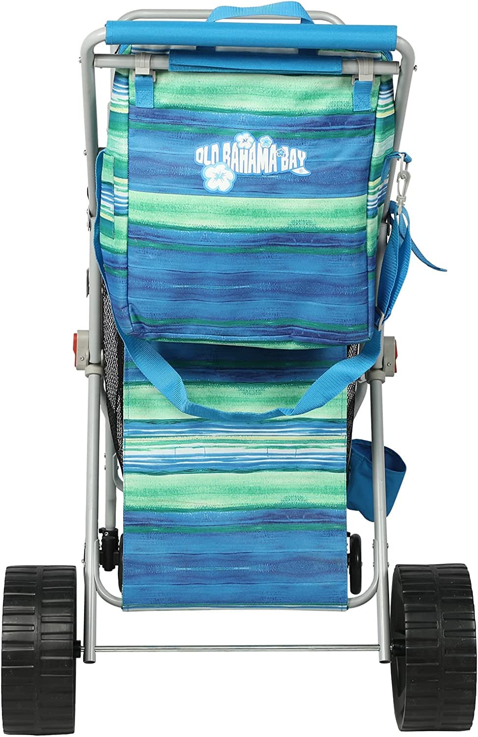 Old Bahama Bay Beach Cart with Big Wheels for Sand, Folding All Terrain Wheels Beach Wagon with Cooler Bag Umbrella Holder, Big Mesh Storage Capacity for Outdoor Camping, Supports 100lbs, Blue/Green