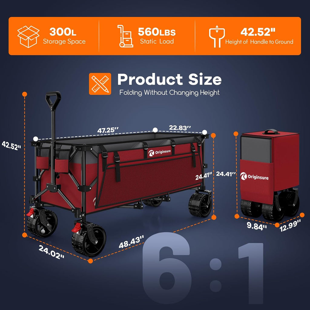 48' L Folding Beach Wagon Cart Foldable, 560lbs Weight Capacity 300L Heavy Duty Collapsible Wagons with Big All-Terrain Wheels, Utility Carts for Groceries, Shopping, Camping, Sports - Grey&Red