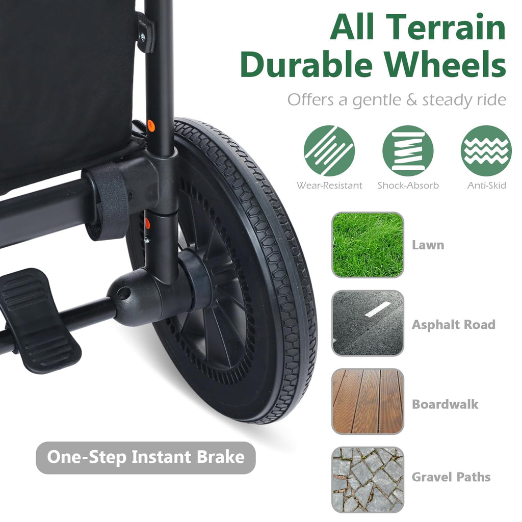 Kinder King Folding Wagon Stroller for 2 Kids, All-Terrain 2 Seater Stroller Wagon Outdoor, Removable Canopy, Adjustable Handle, Shock-Absorbing Wheel, Detachable Tray, Parent Organizer, Black