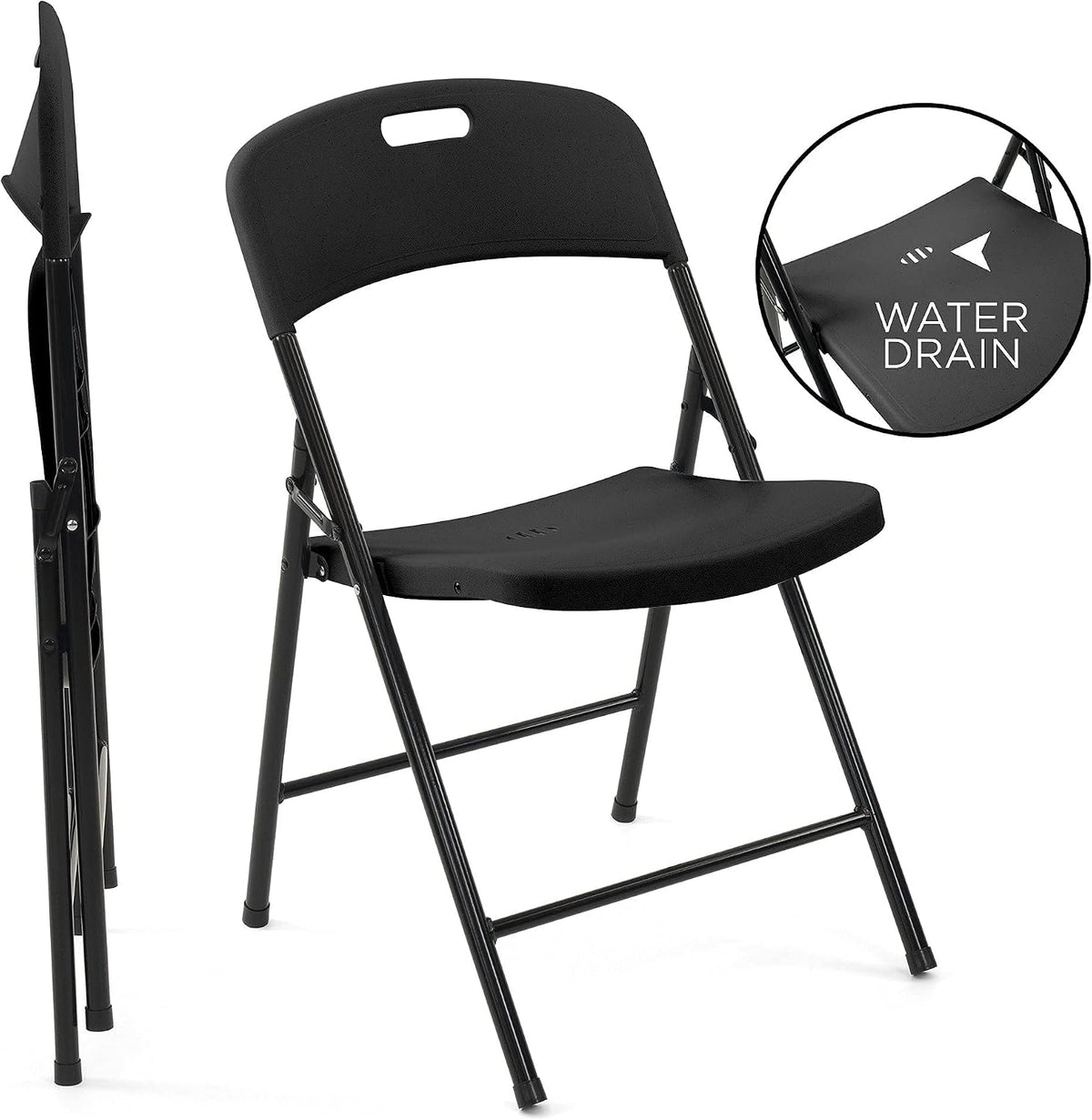 Creative Outdoor 4 Portable Plastic Folding Chairs, Sturdy Design, Indoor/Outdoor Events, Perfect for Camping/Picnic/Tailgating/Party (Black Set of 4 Chairs)